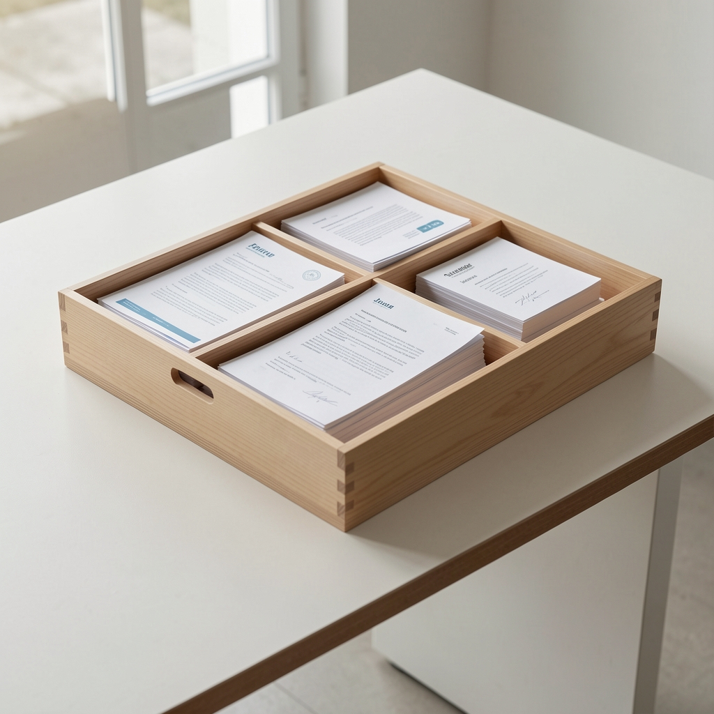Bandeja apilable de madera clara con documentos ordenados sobre una mesa minimalista
