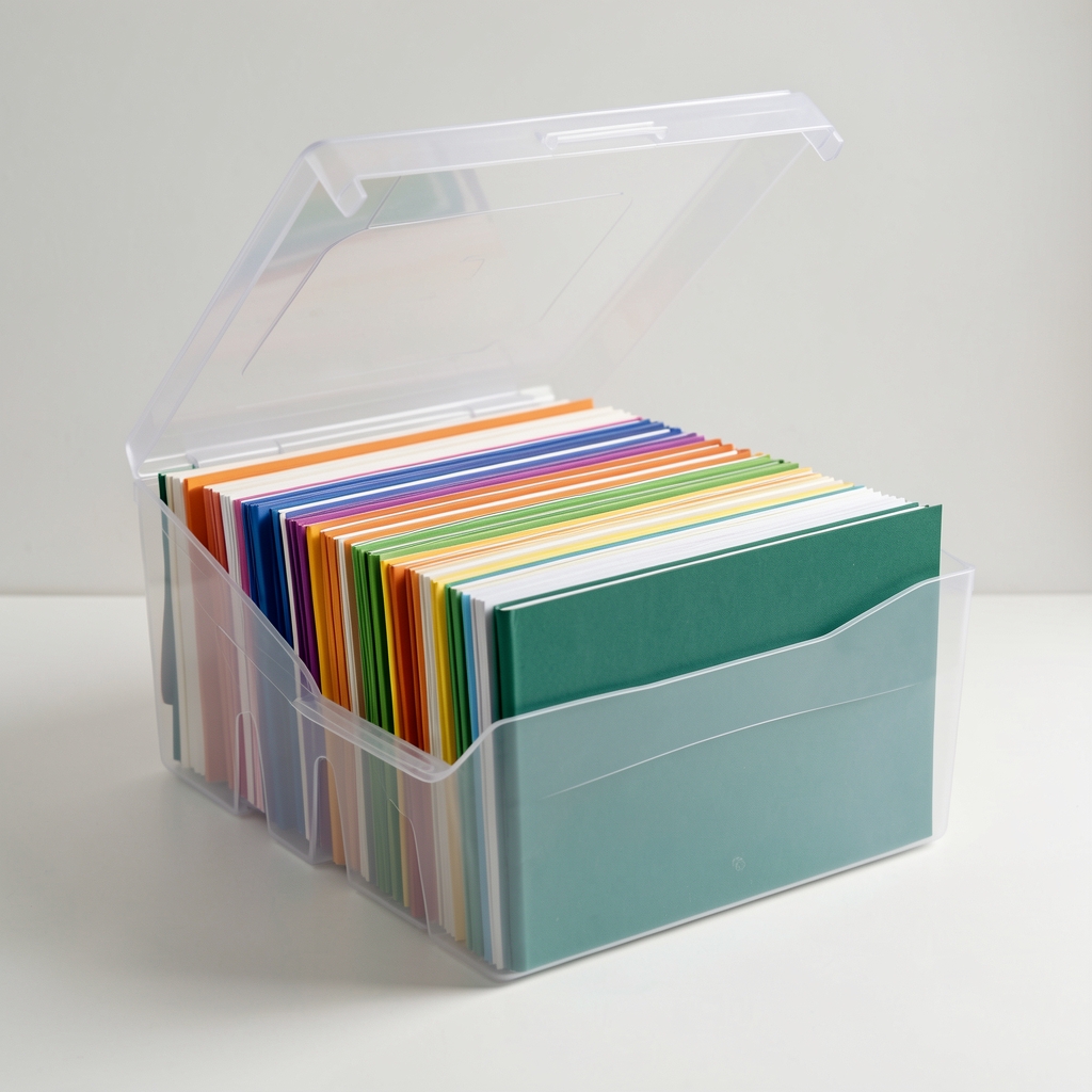 Cajas para papeles apilables con tapa frontal abierta mostrando carpetas clasificadas por color