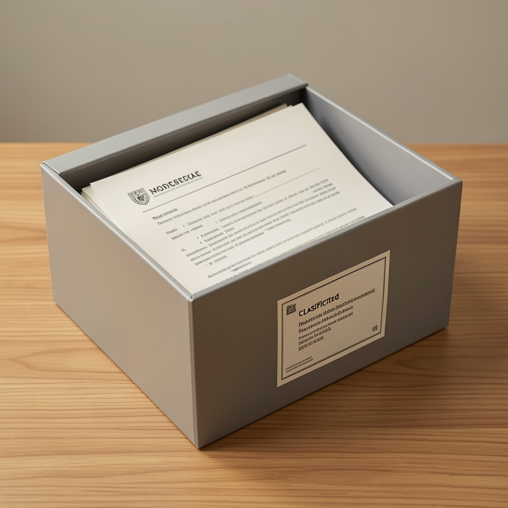 Caja rígida para papeles color gris cálido con documentos clasificados y etiqueta frontal