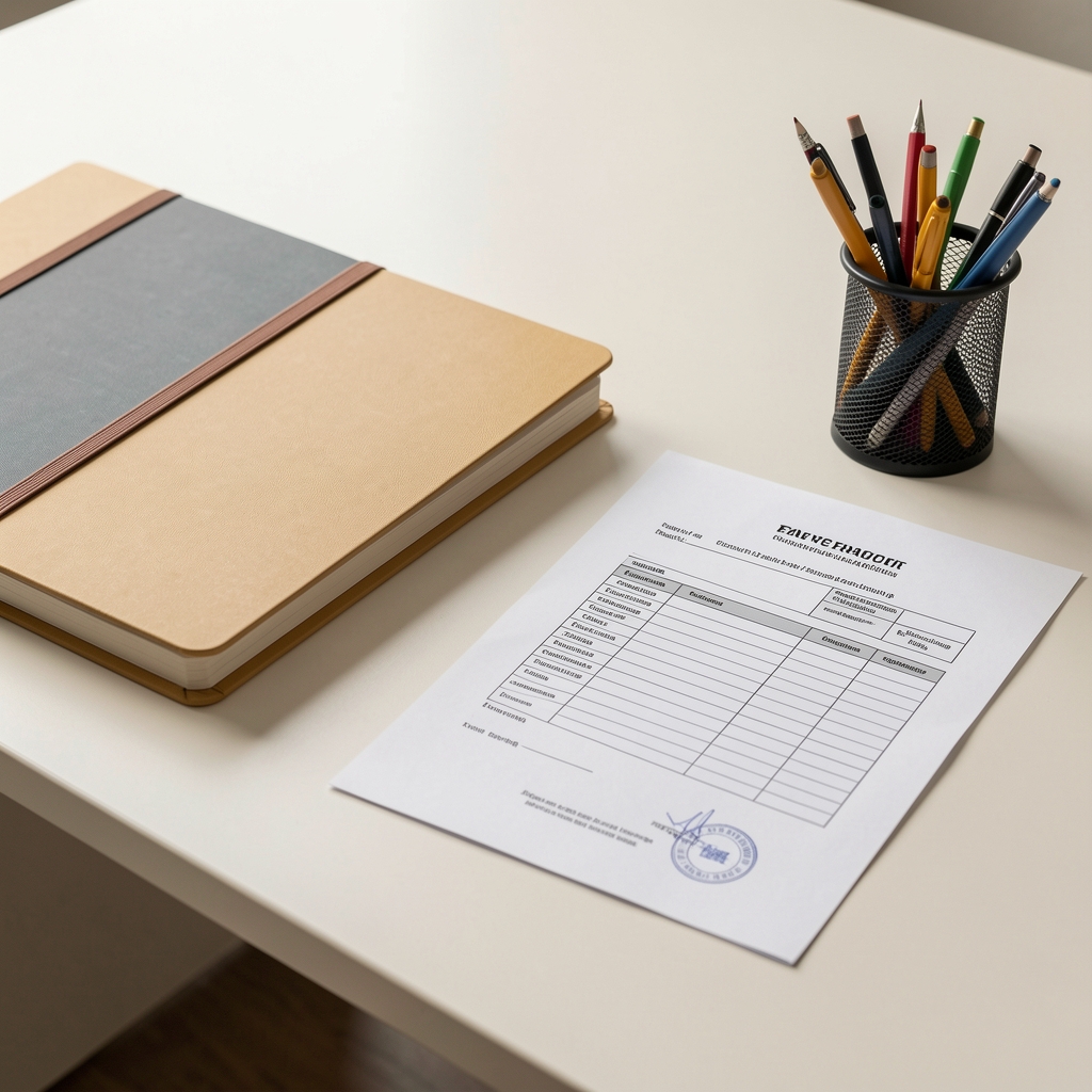 Escritorio ordenado con cuaderno, carpeta y portalápices junto a formulario impreso sobre mesa clara