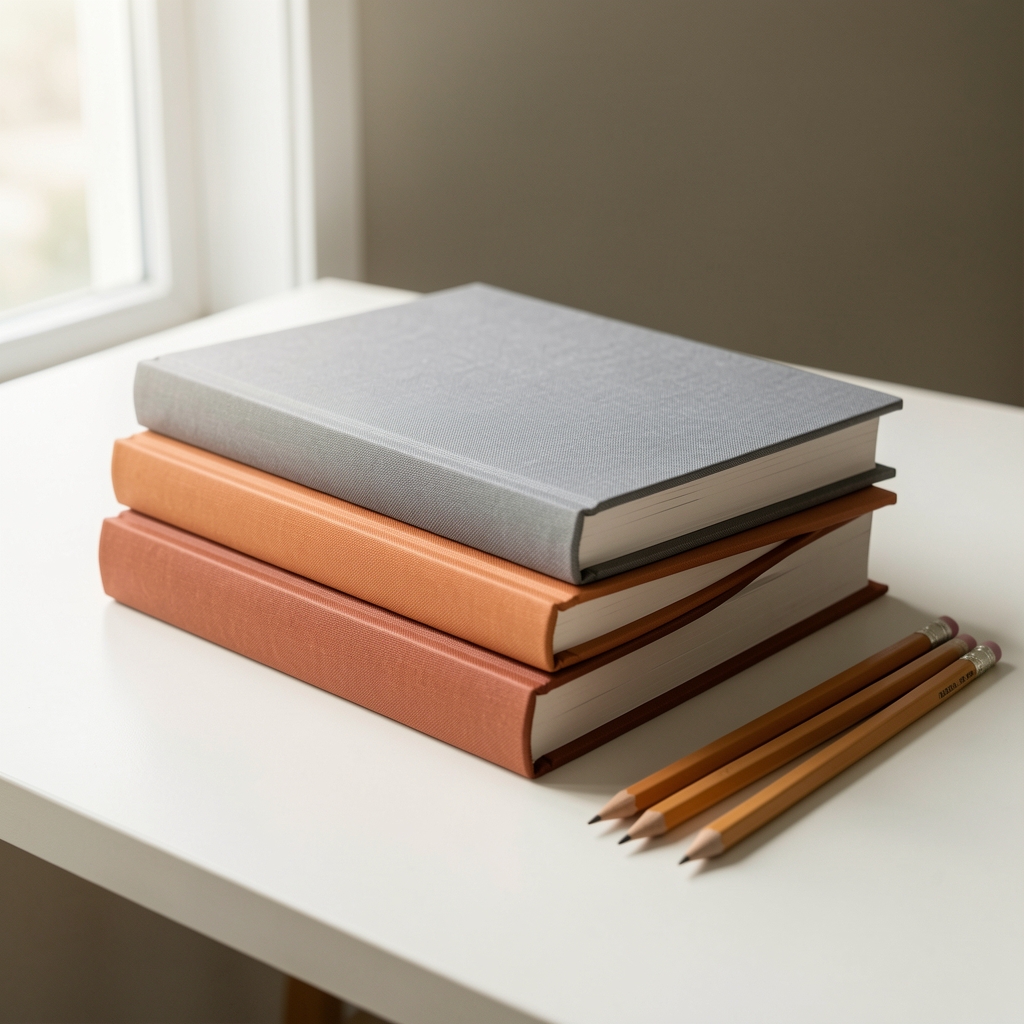 Cuadernos de tapa dura en tonos gris cálido y terracota apilados junto a lápices sobre mesa clara
