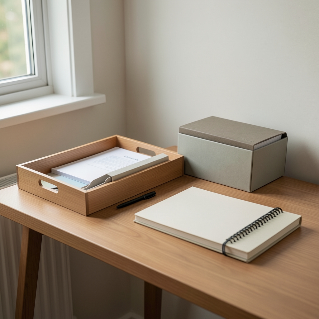 Composición ordenada de escritorio pequeño con bandeja caja archivador y cuaderno sin personas