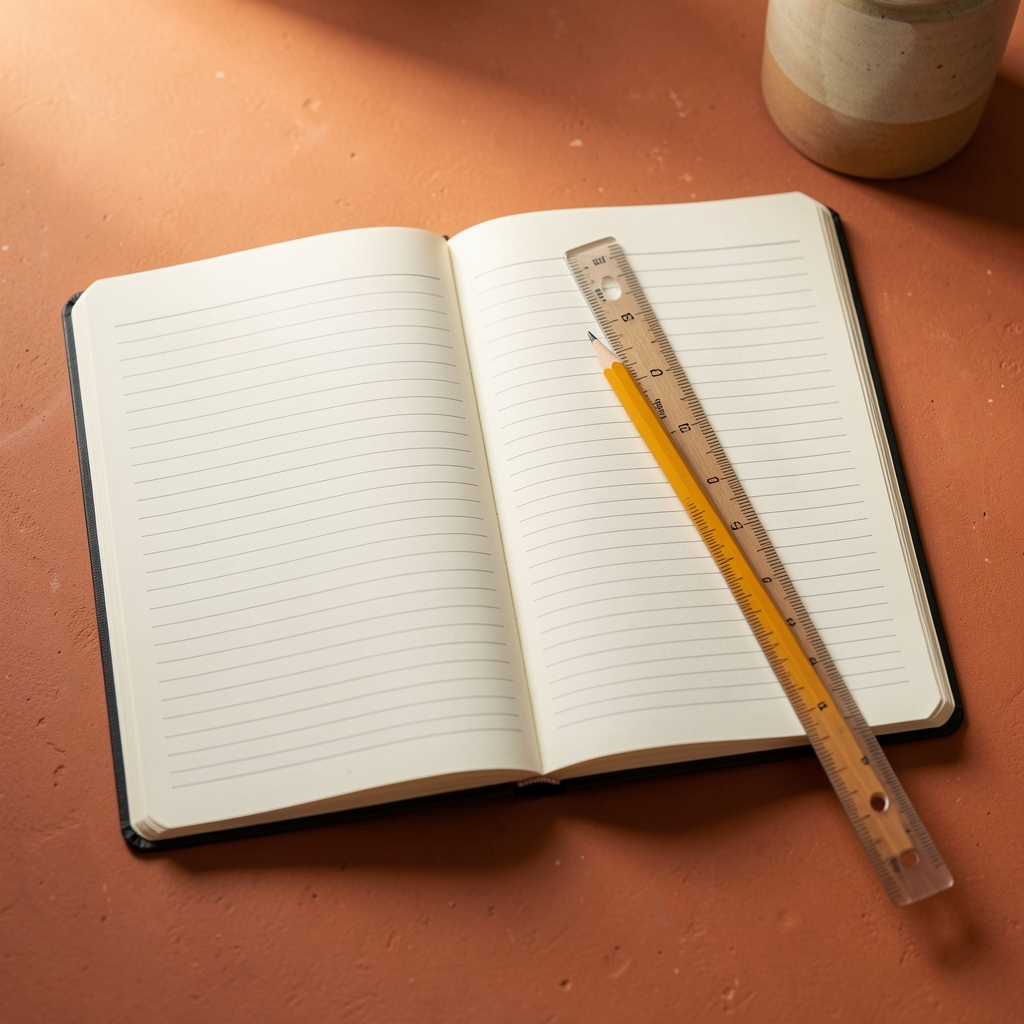Libreta A5 abierta con páginas rayadas lápiz y regla sobre escritorio terracota sin manos