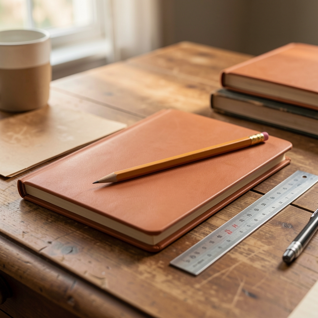 Libreta de tapa terracota abierta junto a lápiz y regla metálica sobre escritorio cálido