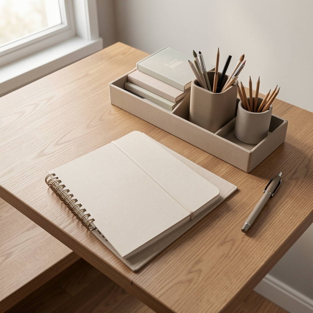 Vista superior de escritorio ordenado con organizador libreta y portalápices en tonos neutros