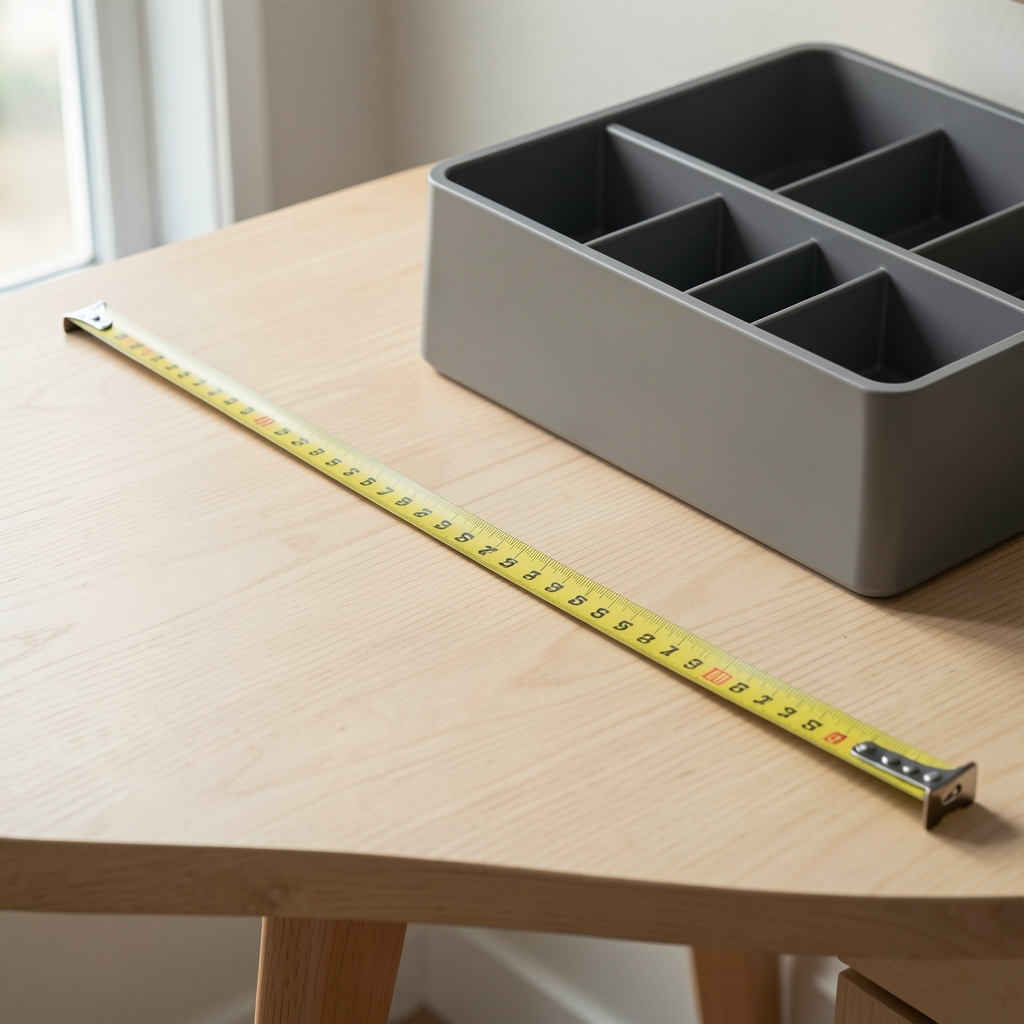 Cinta métrica sobre escritorio de madera clara midiendo el ancho disponible junto a un organizador modular gris