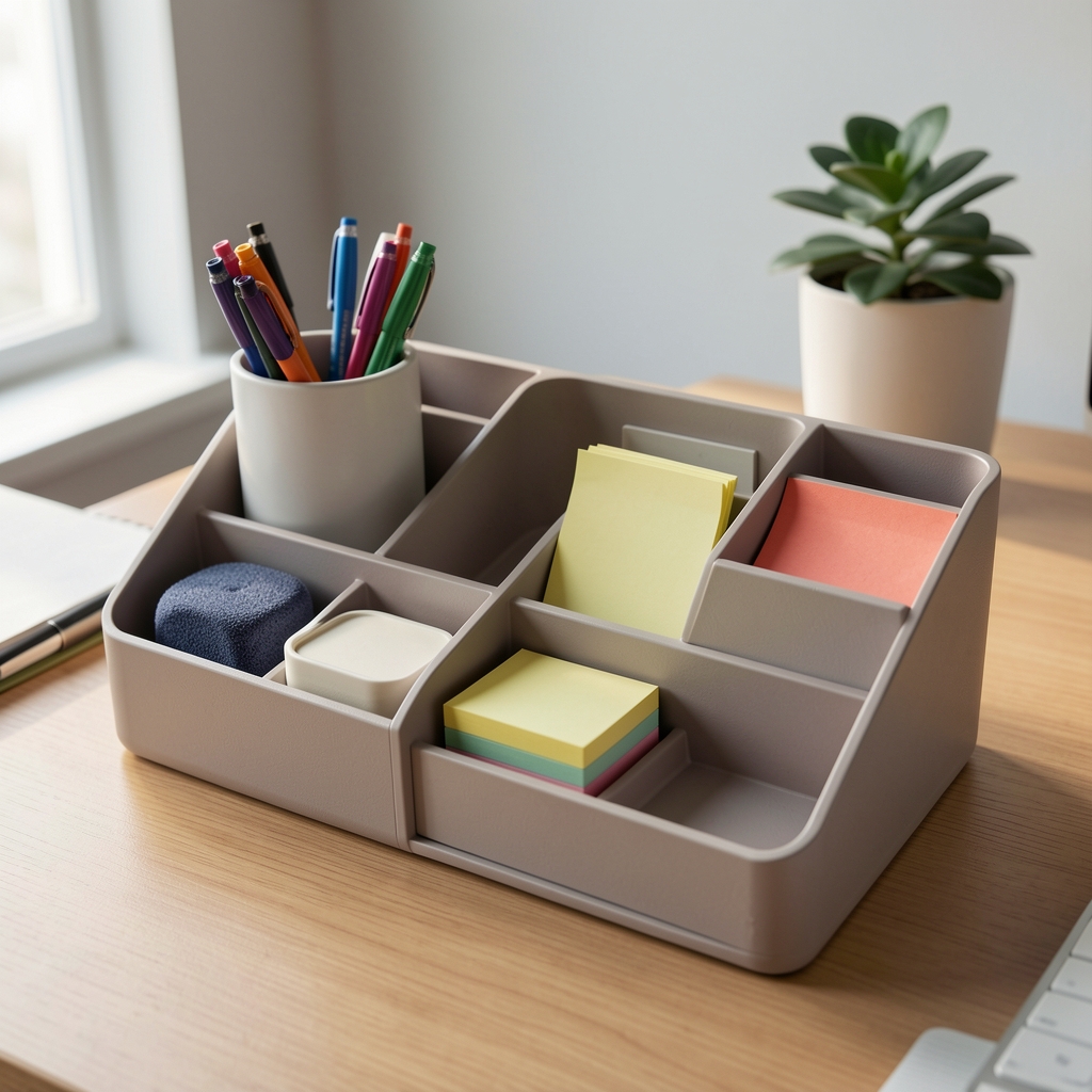 Organizador modular de escritorio con compartimentos para lapiceras y notas adhesivas