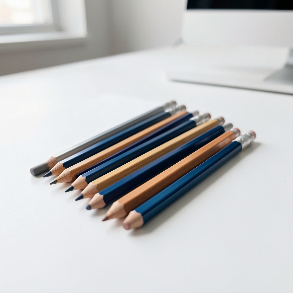 Portalápices de metal azul petróleo con lápices de madera sobre escritorio blanco sin personas