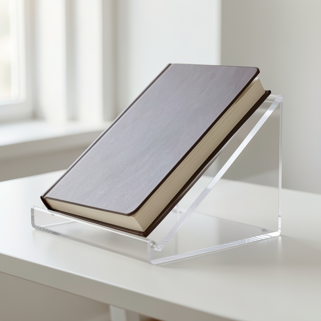 Soporte transparente de acrílico sosteniendo un cuaderno grueso en ángulo de lectura sobre escritorio blanco