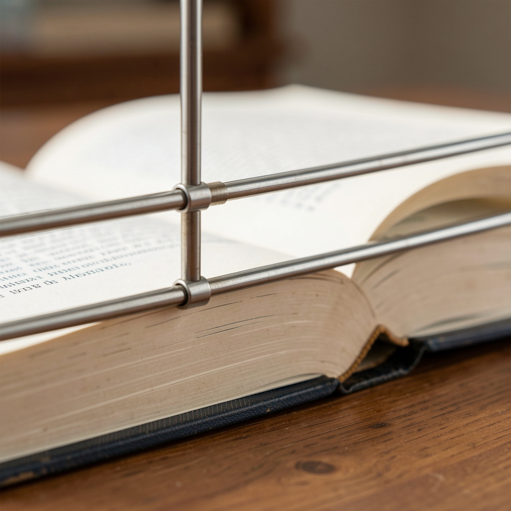 Detalle de varillas metálicas ajustables sujetando las páginas de un libro de tapa dura