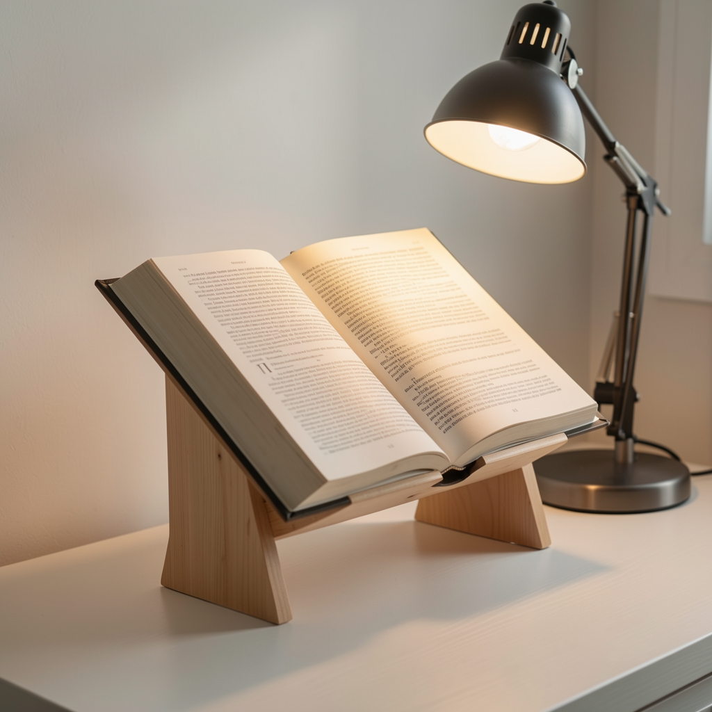 Soporte de madera clara sosteniendo un libro abierto en ángulo de lectura junto a una lámpara de escritorio