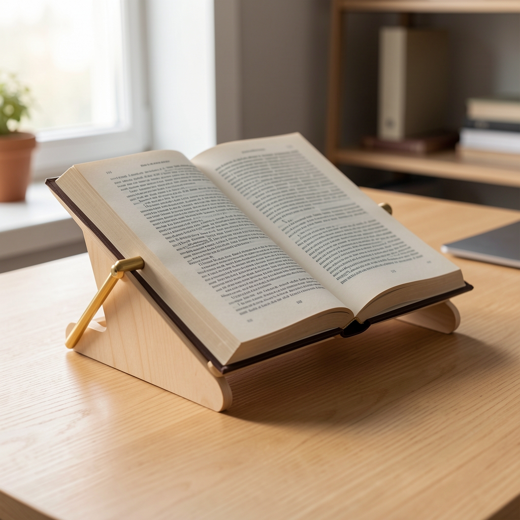 Soporte de madera clara para libro abierto sobre escritorio con página sujeta por varillas laterales