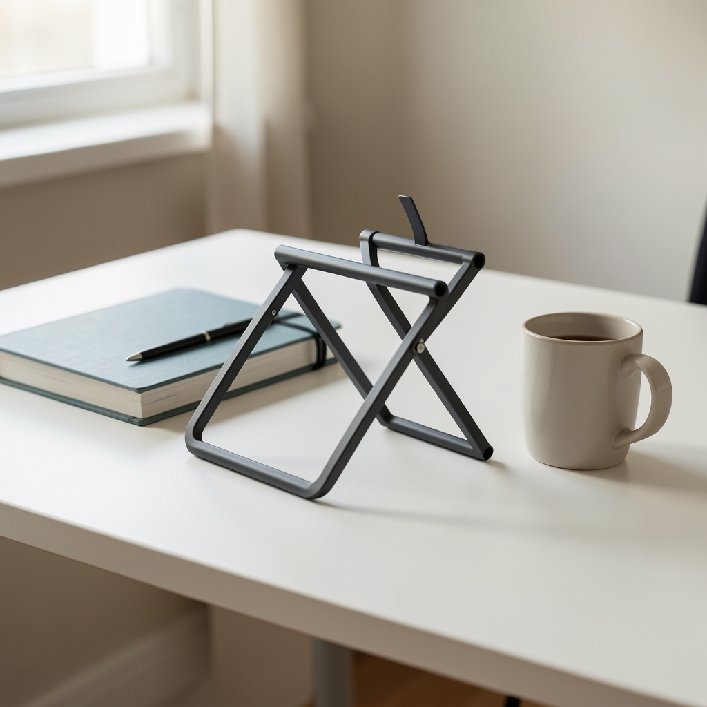 Soporte metálico grafito plegable para libro de consulta junto a libreta y taza sobre mesa clara